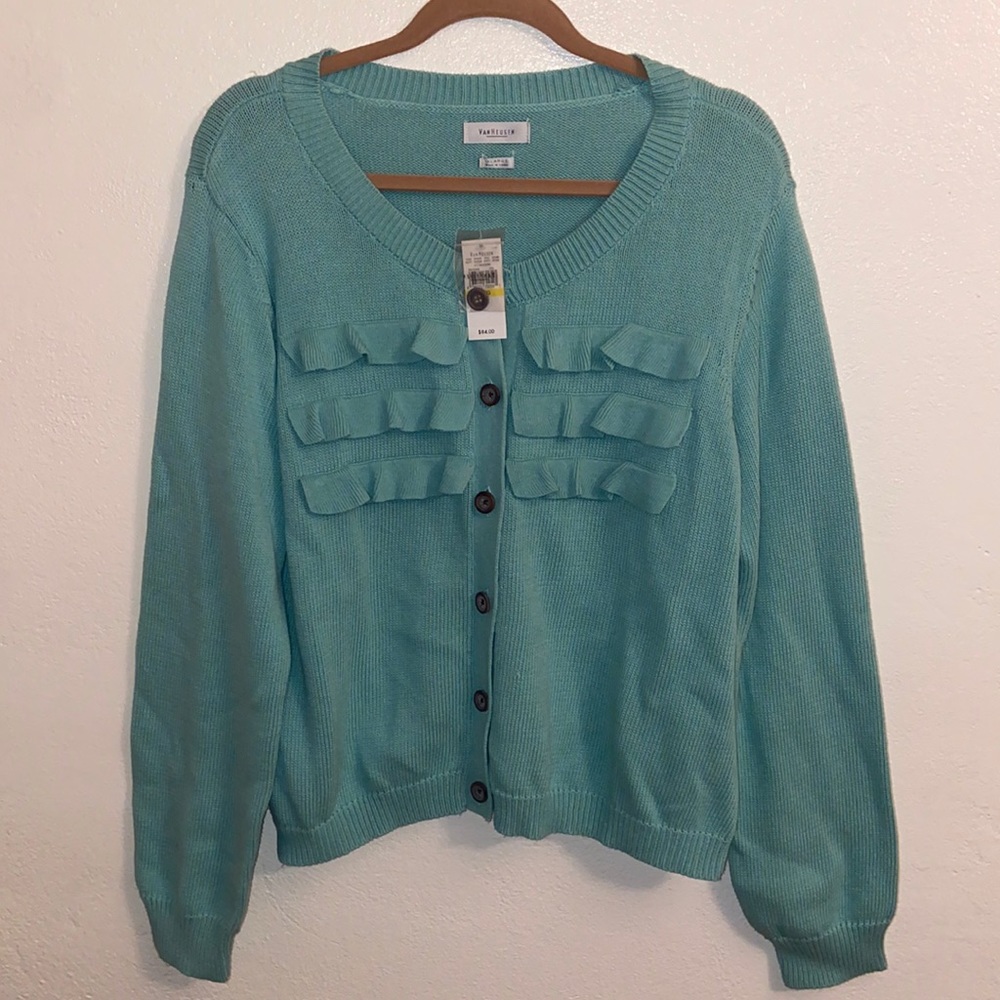 Van Heusen Aqua Blue Ruffle Detail Button Up Knit Cardigan NWT Size XL